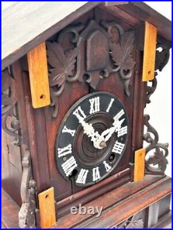 1890 Antique Early Cuckoo Mantel Clock German Black Forest Carved Bracket Clock